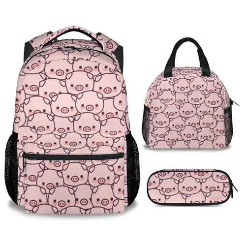 Pig Backpack with Lunch Box and Pencil Case, 16 Inch Cute Pig Bookbag Durable, Lightweight, Large Capacity, Funny Animal Backpack for School Girls Kids Women
