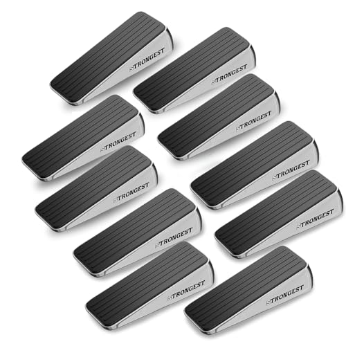Strongest Home Heavy Duty Door Stopper Wedge (10 Chrome PCs) | Non-Slip Rubber and Metal Door Stop for Heavy Doors| Work on Wood, Tile, Carpet + 10 White Wall Protectors