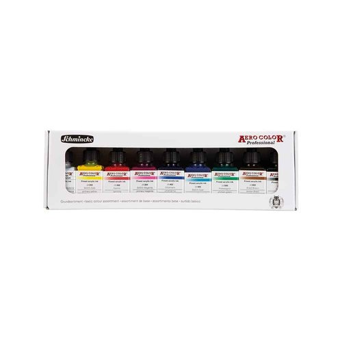 Schmincke - AERO COLOR Professional BASIC colors, 9 x 28 ml, 81 108 097, fine liquid and highly lightfast acrylic colors, airbrush, acrylic painting, mixed media techniques, acrylic ink.