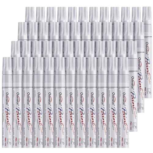 Overseas 48 White Paint Pens, Oil Based Permanent Markers Set - Quick Drying, Waterproof, Fade-Resistant, Medium Tip Paint Markers Bulk for Wood, Metal, Rock, Ceramic, Plastic, Canvas, Glass, Rubber