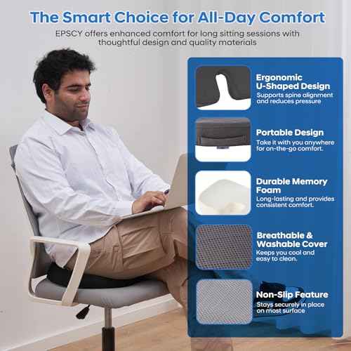 EPSCY Memory Foam Seat Cushion for Office Chair, Car, Airplane & Bleachers ? Ergonomic Support for Sciatica, Hip & Tailbone Pain Relief ? Comfort Pad for Long Sitting, Office Workers & Driver - Grey