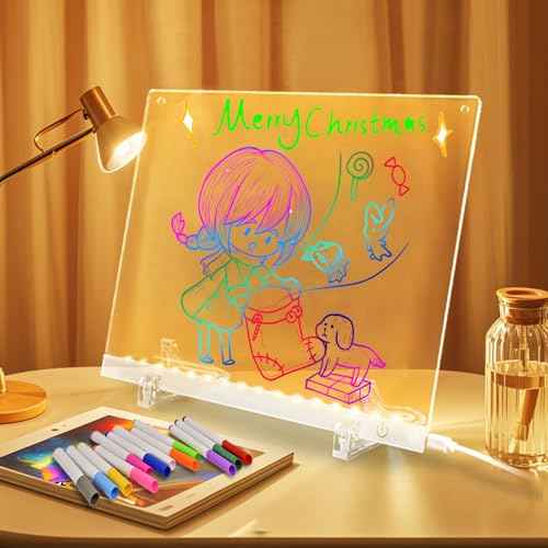 Acrylic Dry Erase Board with Light 11.8"x8.5" Light up Dry Erase Board Brightness Adjustable as Glow Memo LED Letter Message Note Board with Stand Led White Board with 12 Pen for School Home (White)