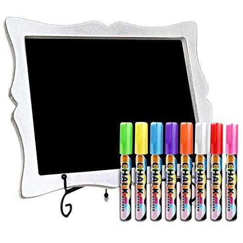 Tabletop Small Chalkboard Sign with Easel (11x13) + 8 Brilliant Liquid Chalk Markers | Hanging or Freestanding Framed Chalkboard with Hand Crafted Sweetheart Frame