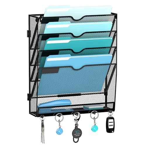 5 Tier Wall File Organizer - Hanging File Organizer with 5 Hooks, Mail Holder Wall Mounted for Papers, Folders, Magazines, Bills, Office&School Organization, Black