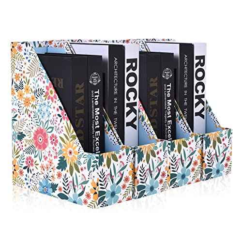 SUIN 4 Pack Foldable Magazine Holder, Seamless Floral Designered File-Boxes Desk File Organizer for Office/Home/School, Bright Flower