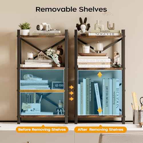 Desktop Bookshelf, 4-Tier Stackable Narrow Bookcase, Adjustable Industrial Desk Organizer & Hutch - Rustic Brown Wood Desktop Book Organizer for Living Room, Bedroom & Home Office