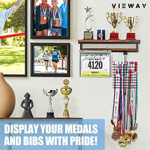 Medal Display Hanger Marathon Race Bibs Display Holder, Wall Mounted Trophy Shelf Rack and Hooks for Running, Sports, Gymnastics Awards 50 Bib Flip Pouches- MK817A