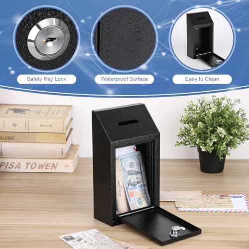 KYODOLED Money Cash Drop Box Wall Mount with Key, Metal Donation and Suggestion Box with Slot and Lock for Home, Farm or Office, Black, 10.24 x 5.7 x 2.95 Inch