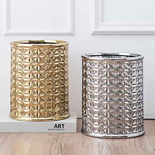 Silver Trash Can, Round Wastebasket, Garbage Receptacle Small Bin for Bathroom, Powder Rooms, Kitchens, Home Offices - Ceramics