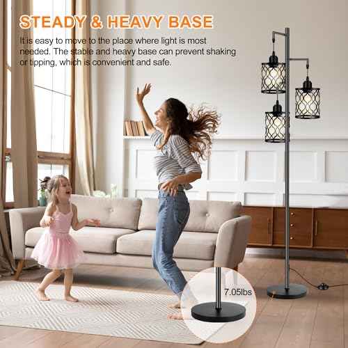 Industrial Floor Lamp, Metal Farmhouse Floor Lamp for Living Room, Rustic Standing Tall Lamps with 3 Elegant Cage Heads, Tree Floor Lamps for Bedrooms, Home Office, Bar, 68", Black, Bulb Not Included