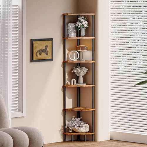 6 Tier Corner Shelf, 66.5'' Tall Standing Shelf, Narrow Display Shelf Stand, Modern Corner Bookshelf, Plant Stand, Corner Bookcase for Living Room, Bedroom, Bathroom, Rustic Brown LCS502R
