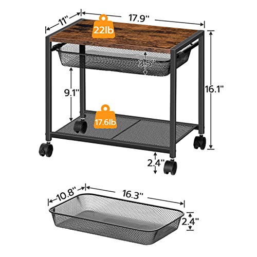 HOOBRO Under Desk Printer Stand, Industrial Printer Cart with Storage Shelf, 2-Tier Mobile Printer Table on Wheels, Heavy Duty Machine Storage Rack for Office and Home Rustic Brown + Black BF12PS01