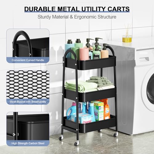 EAGMAK Black 3-Tier Utility Rolling Cart with Lockable Wheels & Mesh Baskets