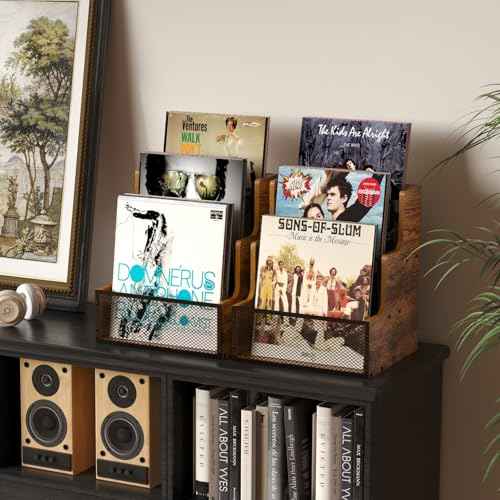 Vinyl Record Storage,Stepped 3 Tier LP Vinyl Record Crate,Vinyl Record Album Holder,Holds up to 60 Records,Desktop Metal & Wooden Record Box Case Crate