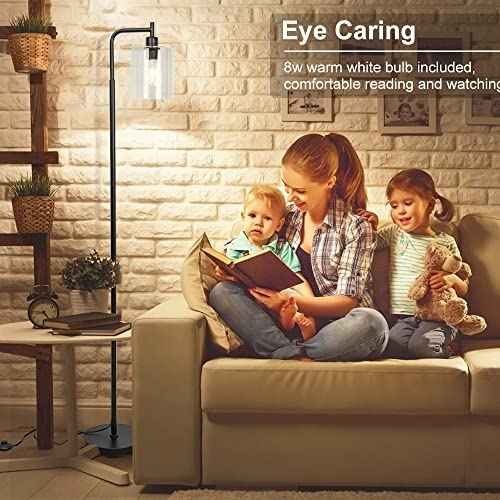 Depuley Black Floor Lamp, Industrial LED Floor Lamps with Hanging Glass Shade, Farmhouse Standing Lamp Modern Tall Pole Lighting for Living Room, Bedroom, Office, Study Room, E26 Bulb Included