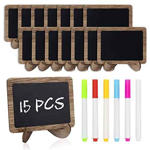 Temlum 15 Pcs Mini Chalkboard Sign with 6 Color Chalk Markers, 2.9¡È x 3.9¡È Wooden Blackboard Reusable Small Chalkboards for Food, Buffet, Message Board, Table Number (Rustic Brown)