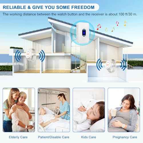 Daytech Wireless Caregiver Pager Call Button for Elderly at Home Life Alert Systems for Seniors Disabled Patient 1 Emergency Watch 1 Receiver