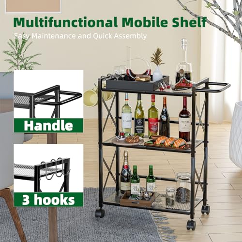 Simple Trending Rolling Cart, 3 Tier Bar Cart with Wheels, Heavy Duty Metal Storage Dining Cart for Kitchen, Black