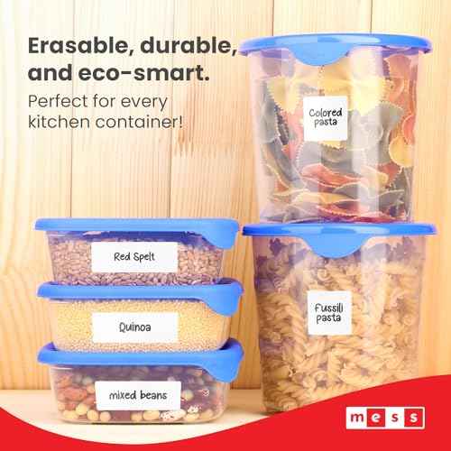MESS Removable Food Labels for Containers (96-Pack) 1x3" & 1.5" Erasable Kitchen Labels for Organizing, Freezer & Fridge, White Dry Erase Labels for Jars