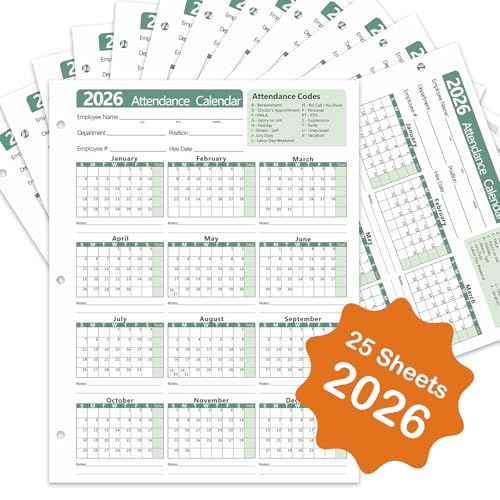 2026 Attendance Calendar Employee Work Record Tracker Attendance Calendar Cards - Each sheet 8.5 X 11 100lb CardStock paper Make (25 sheets -Green)
