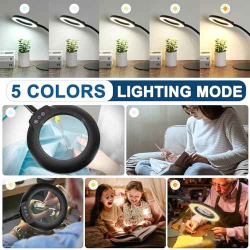 10X Magnifying Glass with Light, Flexible Gooseneck Lighted Magnifier with Stand, 5 Color Modes Dimmable LED Desk Lamp Hands Free for Crafts Painting Sewing Jewelry Reading Close Work