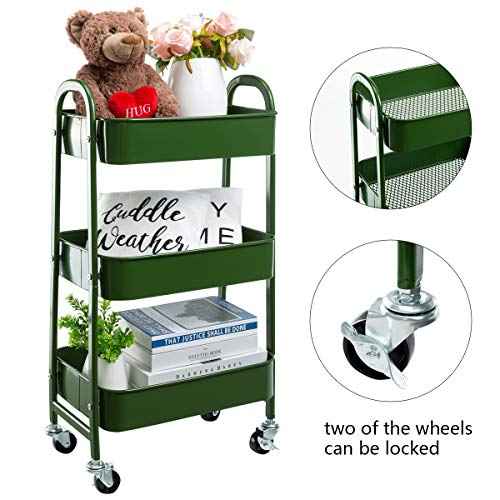 AGTEK Makeup Cart, Movable Rolling Organizer Cart, Bluish Green 3 Tier Metal Utility Cart