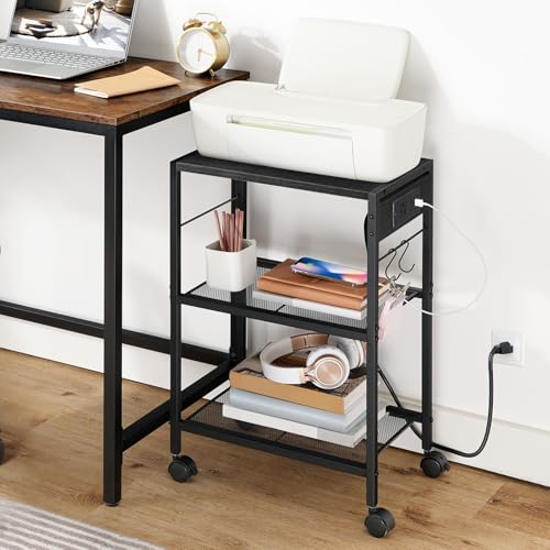 HOOBRO Industrial Printer Stand, 3-Tier Mobile Printer Table, Rolling Cart with Power Outlets and USB Ports, Home Printer Stand with 2 Hooks, for Office, Living Room, Black BB22UPS01