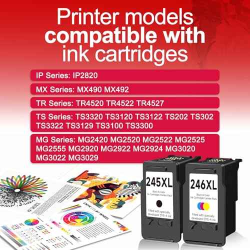 245XL 246XL Ink Cartridge Compatible Replacement for Canon PG 245 XL CL 246 XL Combo (1 Black 1 Color, 2 Pack) PG245 CL246 for PIXMA TR4520 MX490 MG2522 MX492 TR4522 TR4500 TS3122 MG2520 Printer