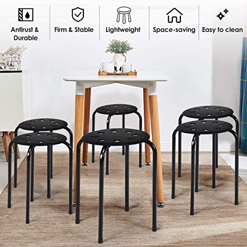 COSTWAY 6-Pack Round Plastic Stack Stools, 17.5-inch Height Backless School Classroom Decoration Stools with Metal Frame, Portable Stackable Chairs for Kids Children Students, Black