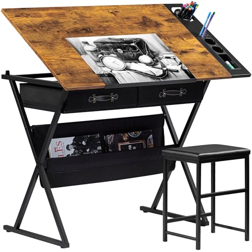 VECELO Rustic Brown Adjustable Drafting Table Art Desk with Storage & Stool