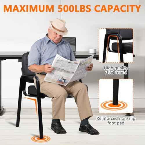 CLATINA Big & Tall 500 lbs Waiting Room Guest Chair, Leather Office Reception Chair No Wheels with Padded Arms for Elderly Home Desk Conference Room Lobby Side Salon Clinic, Black(4 Pack)