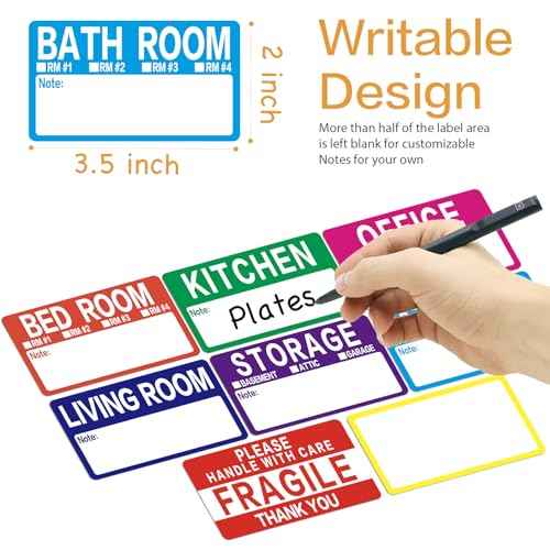 300 Count 3.5 x 2 Large Home Moving Packing Box Labels for 3-4 Bedroom House with Writable Notes Areas, 7 Color Coded Moving Labels for Boxes + Fragile Moving Stickers