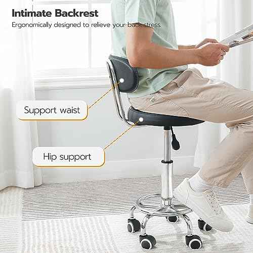 HOOBRO Height Adjustable Rolling Stool, 360¡Æ Rotating Drafting Chair, Multi-Purpose Office Desk Chair, Rolling Swivel Salon Stool Chair, for Barber Shop, Nail Salon, Office, Black SB01BY01G1