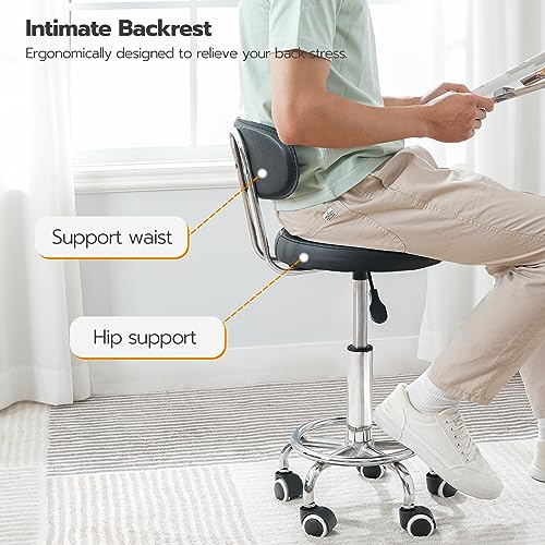 Height Adjustable Rolling Stool with 360° Swivel for Salon & Office - Black