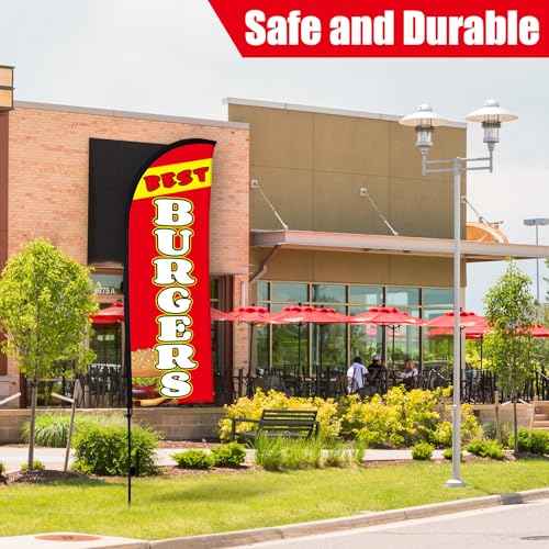 Buryeah 15ft Burgers for Business Advertising Feather Flag Sign with Flagpole Ground Stake Portable Bag Burgers Signs Banner for Outside Business