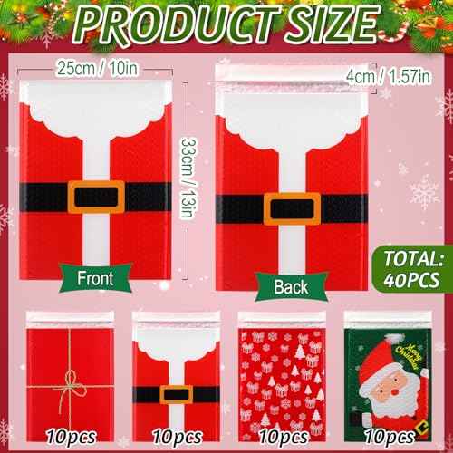 40 Pcs 10 x 13 Inch Large Christmas Poly Bubble Mailers Christmas Padded Envelopes Self Adhesive Holiday Shipping Bags Assorted Xmas Bags for Business School Family Xmas Gift