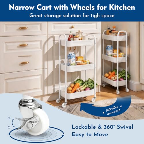 LIWNYRK 3-Tier Narrow Rolling Storage Cart White – 7.1'' Slim Utility Cart with Lockable Casters for Laundry, Between Washer & Dryer