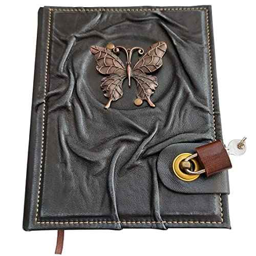 Fairy Butterfly Figured Locked Genuine Leather Notebook Diary, Handmade Journal With Lock, Secured Lockable Real Padlock, 9x6.7 Inches, College Poetry Sketch Book, Birthday, Anniversaries.
