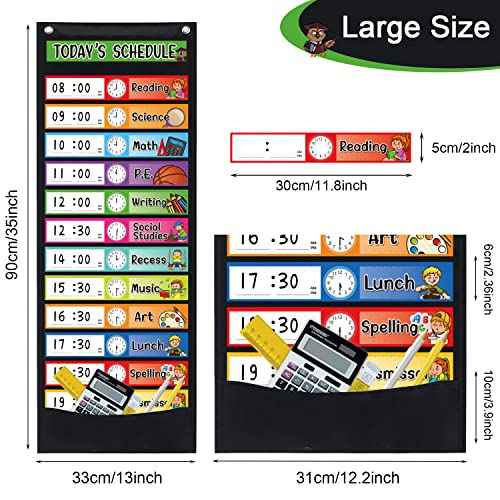 Daily Schedule Pocket Chart Kit,40 Bright Attractive Double-Sided Reusable Erasable Cards,1 Title Card,13+1 Scheduling Pocket Chart with 2 Hangers for Classroom Office Home Preschool Learning (Black)