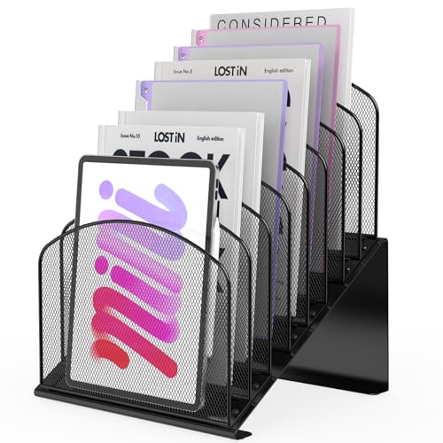 Inclined Desk File Organizer Metal Desk Magazine Folder Holder with 8-Section Vertical Compartments Rack File Organizer for Office, Home, School, Black