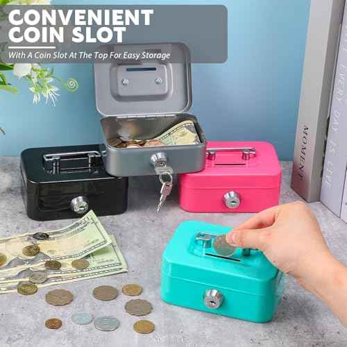 Tandefio 12 Pcs Small Money Cash Box with Lock and Slot Metal Box for Cash Steel Organizer Piggy Bank Metal Coin Bank for Adults, 4.5 x 3.3 x 2 Inch, Without Money Tray, 4 Colors