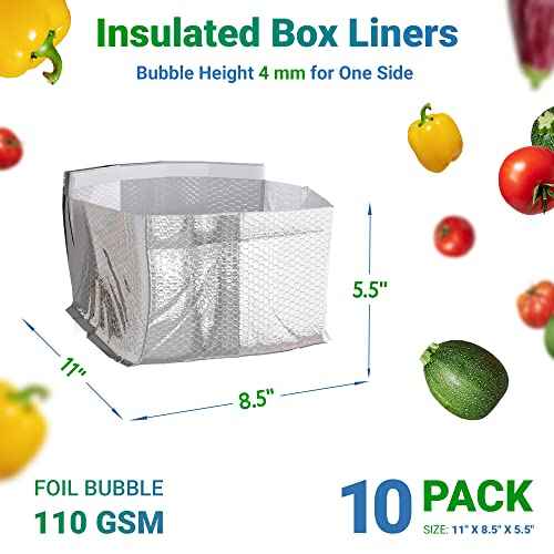 Foil Insulated Box Liners, 11 x 8.5 x 5.5 Inches. Pack of 10 Self-Seal Thermal Insulation Bag with Gusseted Bottom. Leakproof Insulated Shipping Bags for Food. Fits USPS Medium Flat Rate Box