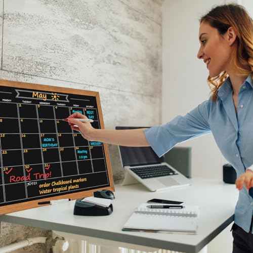 Calendar Chalkboard, 17.7" * 23.6", Magnetic Surface Rustic Brown Solid Pine Wood Frame Chalk Board for Planning/School Timetable/Memo, Hanging Board for Office, School and Home(YLHB-QZ-4560)
