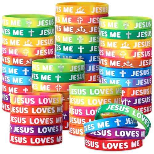 150 Pcs Jesus Loves Me Wristbands Bulk 10 Styles Rainbow Religious Silicone Bracelets Christian Cross Silicone Wristbands Gift for Bible School Church Group