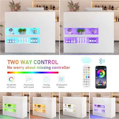 55" Reception Desk with LED Lights Power Outlets,L-Shaped Modern Front Desk Reception Room Table with Cable Grommet,Lockable Drawers,Retail Checkout Counter for Lobby,Salon,Home Office Desk,White