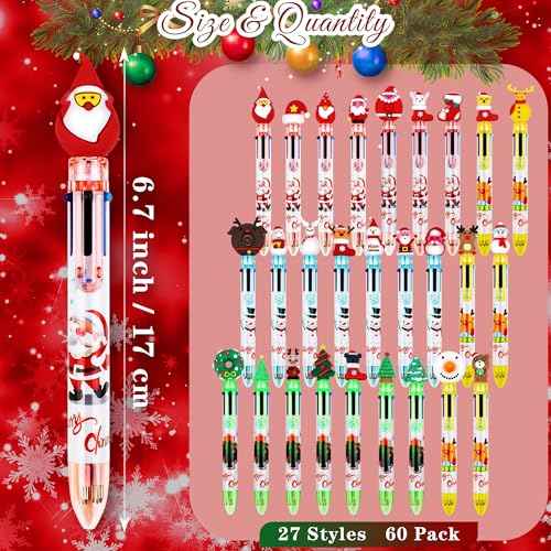 Aodaer 60 Pieces Christmas Ballpoint Pens 6-In-1 Multicolor Retractable Ballpoint Pens Christmas Tree Snowman Reindeer Santa Claus Christmas Party Gifts for Office School Class