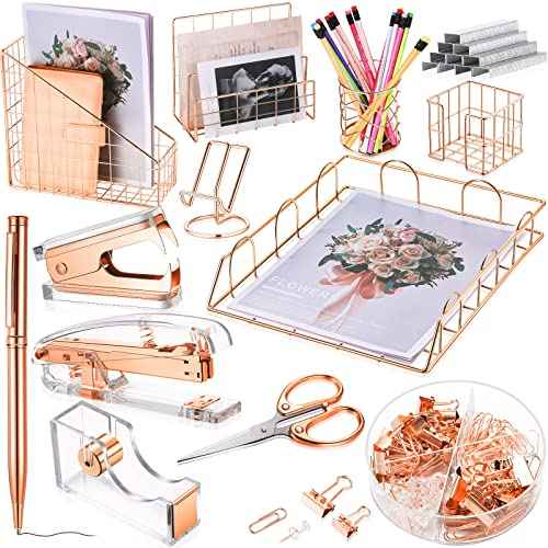Yaomiao 13 Pcs Desk Accessories Kit Organizer Office Supplies Christmas Women School Gift Acrylic Stapler Staple Remover Tape Holder Pen Cup Magazine File Letter Clip Phone Holder Scissor(Rose Gold)