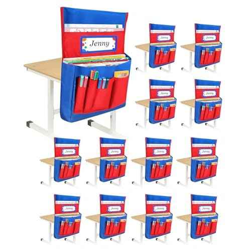 Spardar Chair Pockets for Classrooms, 12 Pieces Blue and Red Chair Pockets with Name Tags for Organizing School Supplies, Suitable for Classroom, Kindergarten and Home(15.7*19.6 in)