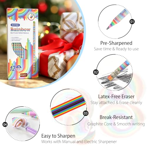 Rainbow Pencils Set - Pre-Sharpened #2 HB Eco-Friendly 12 Pack for School & Office
