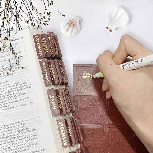 Bible Tabs for Women and Men - Leather Paper Bible Index Tabs - Large Gold Foil Laminated Tabs - Bible Journaling Supplies - 66 Bible Tabs for Old and New Testament,14 Blank tabs (Brown)